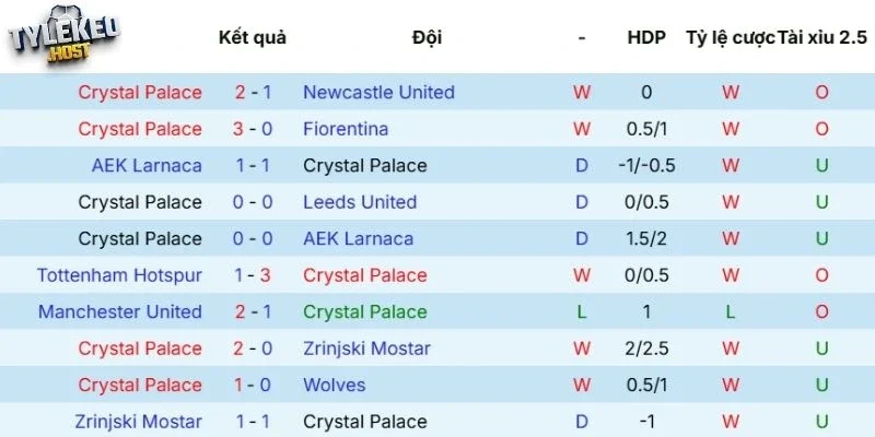 Cập nhật phong độ của Crystal Palace