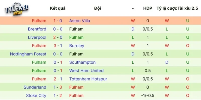 Kết quả ra sân mới đây của Fulham 