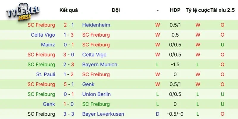 Kết quả thi đấu mới đây của Freiburg