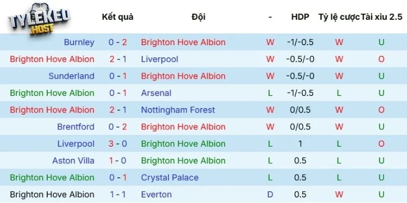 Phong độ gần đây của Brighton